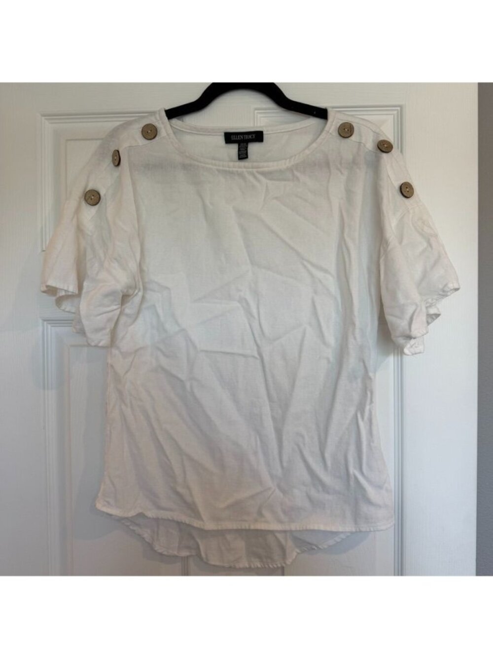 Ellen Tracy White Linen Blend Crewneck Short Sleeve Blouse Size XS
